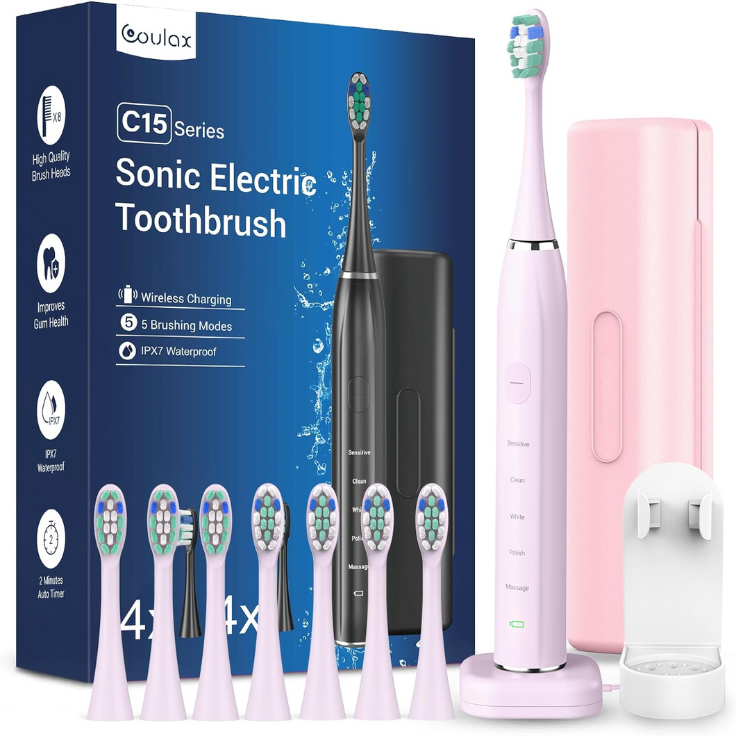 Sonic Electric Toothbrush Sonic Toothbrush - COULAX Travel Toothbrushes Electric Sonic Toothbrush, Shcall Electric Toothbrush with 8 Heads, 5 Modes, Timer Light Pink