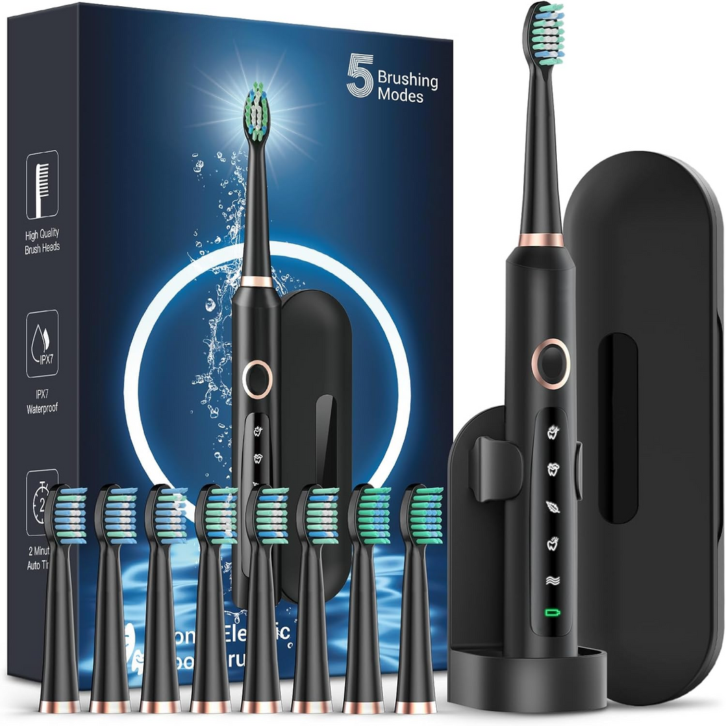 Sonic Electric Toothbrush for Adults - Rechargeable with 8 Brush Heads & Travel Case,Teeth Whitening , Power with Holder, 3Hours Charge for 120 Days - Black