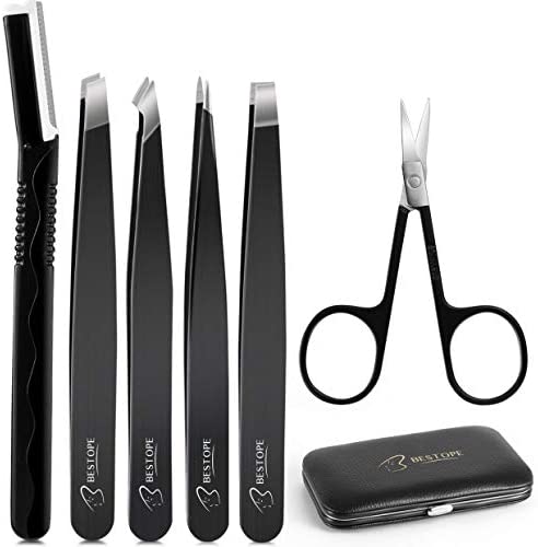 BESTOPE Pro Tweezers Set 6-Piece, Eyebrow Tweezers Scissors Set with Stainless Steel Point Slant Flat Tip Tweeze and Eyebrow Razor and Scissors for Eyebrows Plucking, Facial Body / Ingrown Hair Removal-Packed in Leather Case