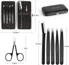 Load image into Gallery viewer, BESTOPE Pro Tweezers Set 6-Piece, Eyebrow Tweezers Scissors Set with Stainless Steel Point Slant Flat Tip Tweeze and Eyebrow Razor and Scissors for Eyebrows Plucking, Facial Body / Ingrown Hair Removal-Packed in Leather Case
