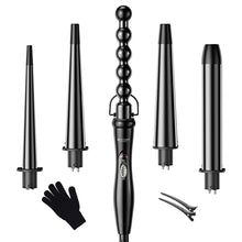 Load image into Gallery viewer, BESTOPE PRO Curling Iron 5 in 1 Curling Wand Set with 5 Interchangeable Ceramic Tourmaline Barrels 0.35&quot;-1.25&quot;, Include Heat Resistant Glove and Clips,Black
