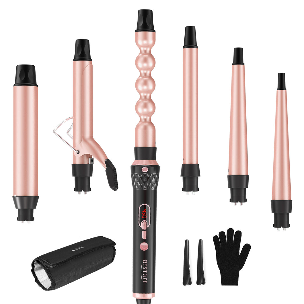 BESTOPE PRO Curling Iron Set 6 in 1 Hair Curling Wand Iron with 6 Interchangeable Ceramic Barrels(0.35'' to 1.25'') Loose Beachy Waves to Tight Curls with LCD & Temperature Control, include Glove & Clips