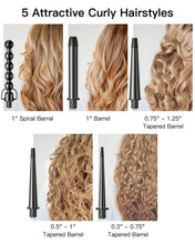 Load image into Gallery viewer, BESTOPE PRO Curling Iron 5 in 1 Curling Wand Set with 5 Interchangeable Ceramic Tourmaline Barrels 0.35&quot;-1.25&quot;, Include Heat Resistant Glove and Clips,Black
