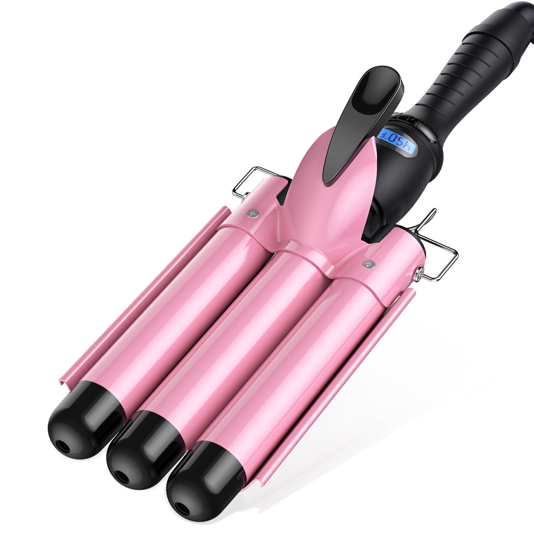 BESTOPE PRO 3 Barrel Curling Iron Wand with LCD Temperature Display, Ceramic Tourmaline Hair Waver for Beach Waves, Dual Voltage Crimper for Women, Portable & Heat up Quickly, Pink, 1